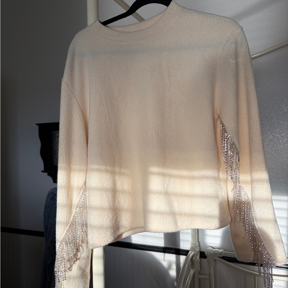 Zara Cream Knit Sweater w/ Rhinestone Fringe